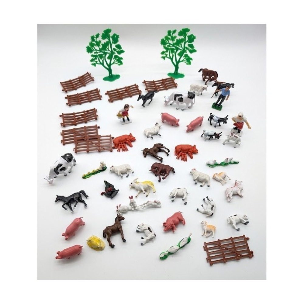 50 Lot Vintage Britains Plastic Farm Animal Figurine People Trees Fence Duck Pig